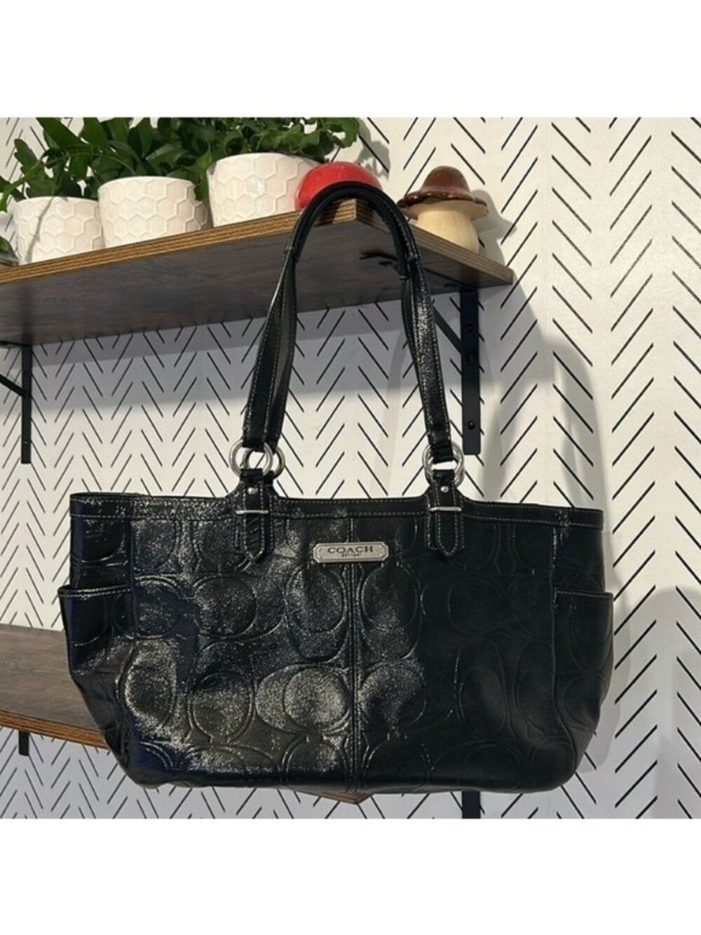 Coach Gallery Embossed Patent Leather Tote Shoulder City Bag Black Y2K - Picture 5 of 16